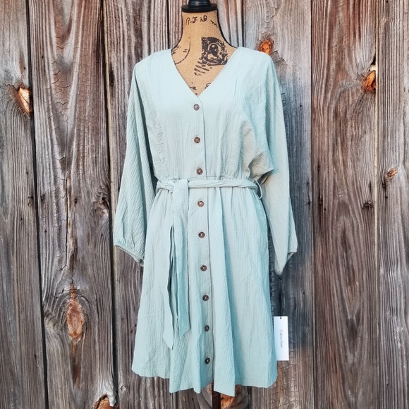 Calvin Klein Dresses & Skirts - 4 Dress CK Shirtdress Calvin Klein Stretch Seersucker Button Belted Green NWT